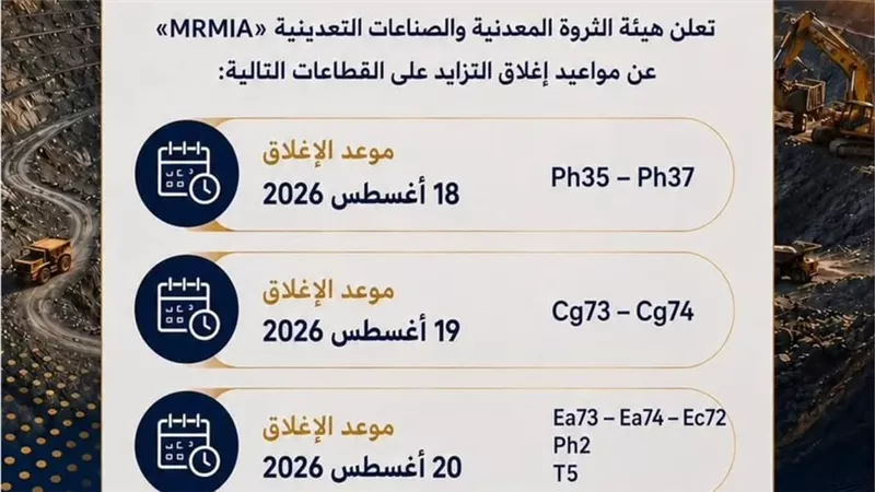 الثروة المعدنية تعلن مواعيد إغلاق التزايد على عدد من القطاعات المطروحة