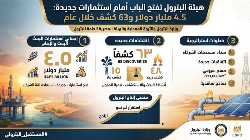 هيئة البترول تفتح الباب أمام استثمارات جديدة.. 4.5 مليار دولار و63 كشف خلال عام